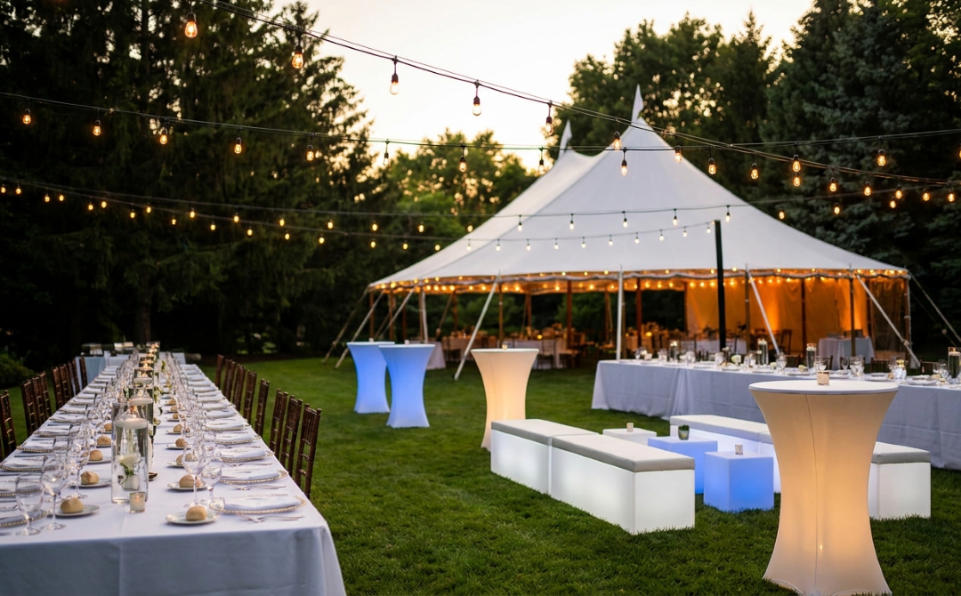 Backyard Event Setup Guide: Tents, Tables, Lighting & Lounge Rentals Explained