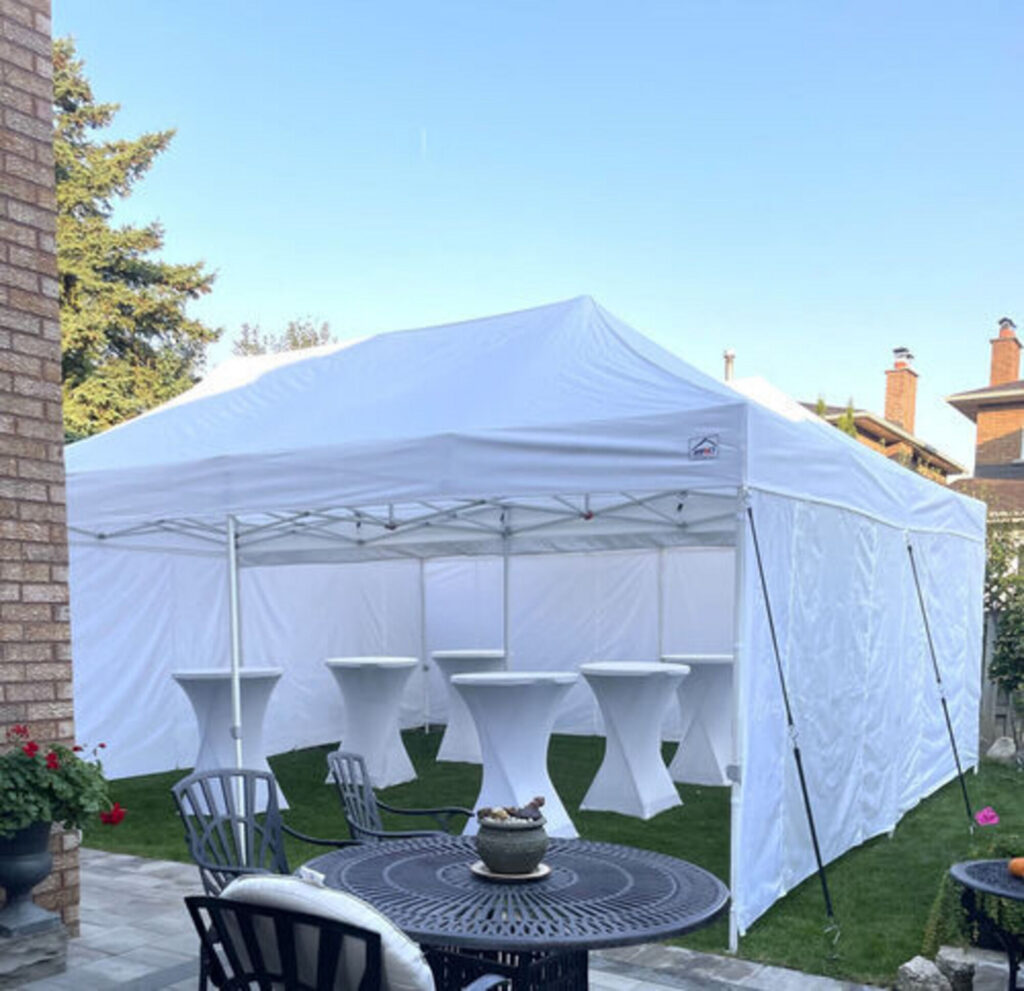 Backyard party under frame tent