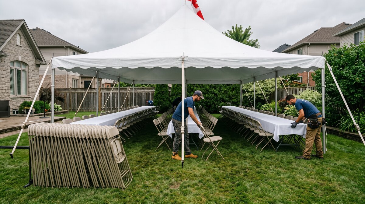 Event crew arranging folding chairs and banquet tables under a white tent in a suburban backyard